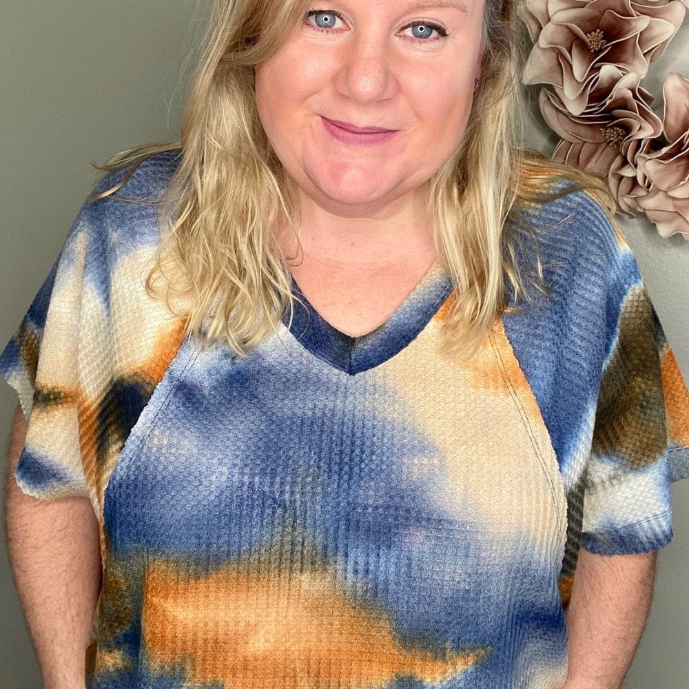 *New* Plus Size Tie Dye Waffle Knit V Neck Top